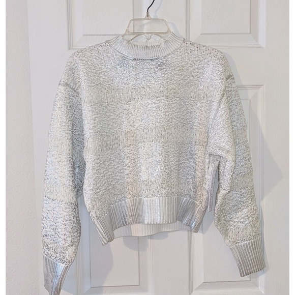 Koko + Mason Silver Metallic Knit Sweater Sparkly Modern Party Top Women's M NWT - Picture 2 of 9